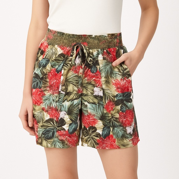 Westbound Linen Blend Tropical Floral Palm Shorts Red Green Size M - Picture 1 of 6